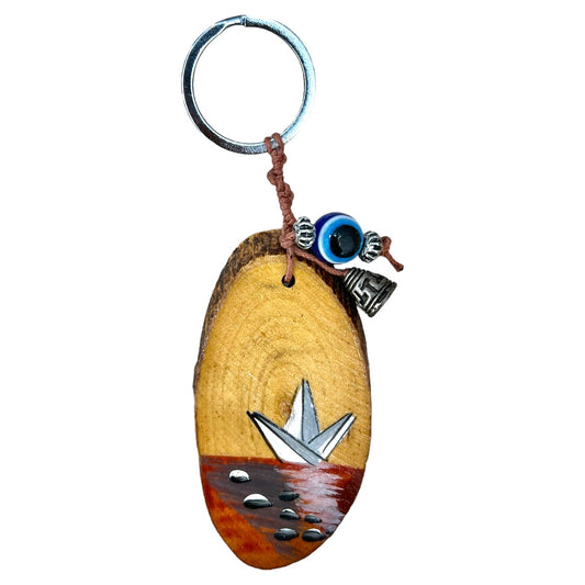 HandPainted Sail Boat On Olive Wood Keyring