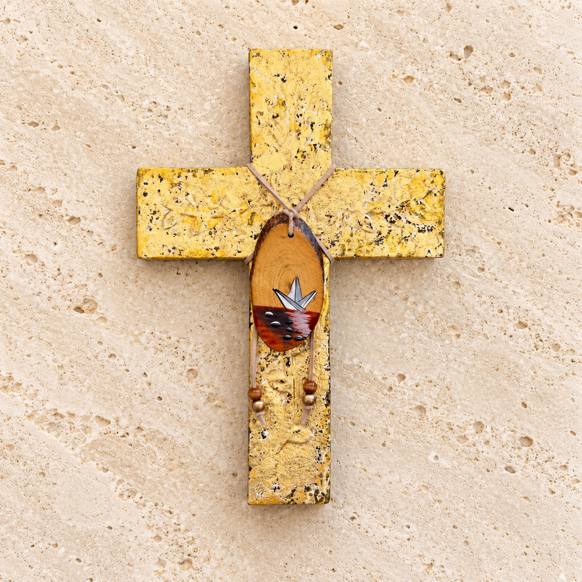 Gold Leaf Wooden Cross with Olive Wood Sailboat Ornament