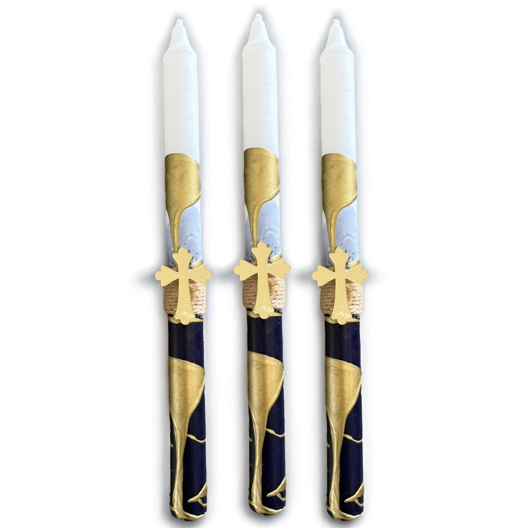 Gold Drip Navy Blue Easter Candle With Gold Cross ~ Medium