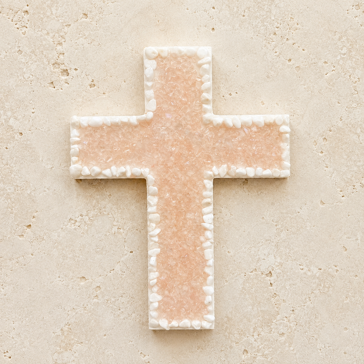 Pink Gemstone Chip Wooden Cross