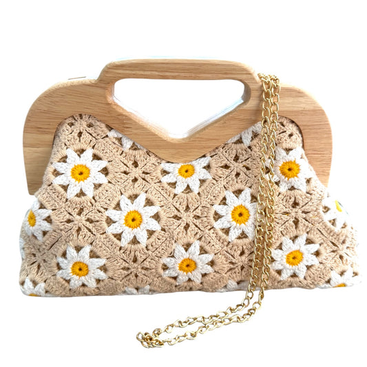 Wooden Handle Clutch Bag - Daisy
