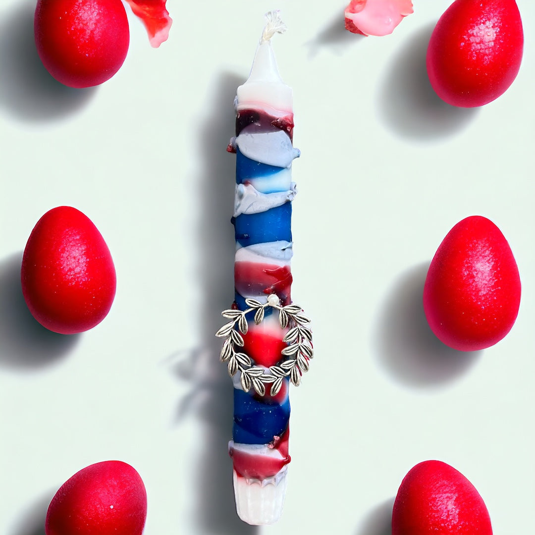 Small Red & Blue Easter Candle With Wreath