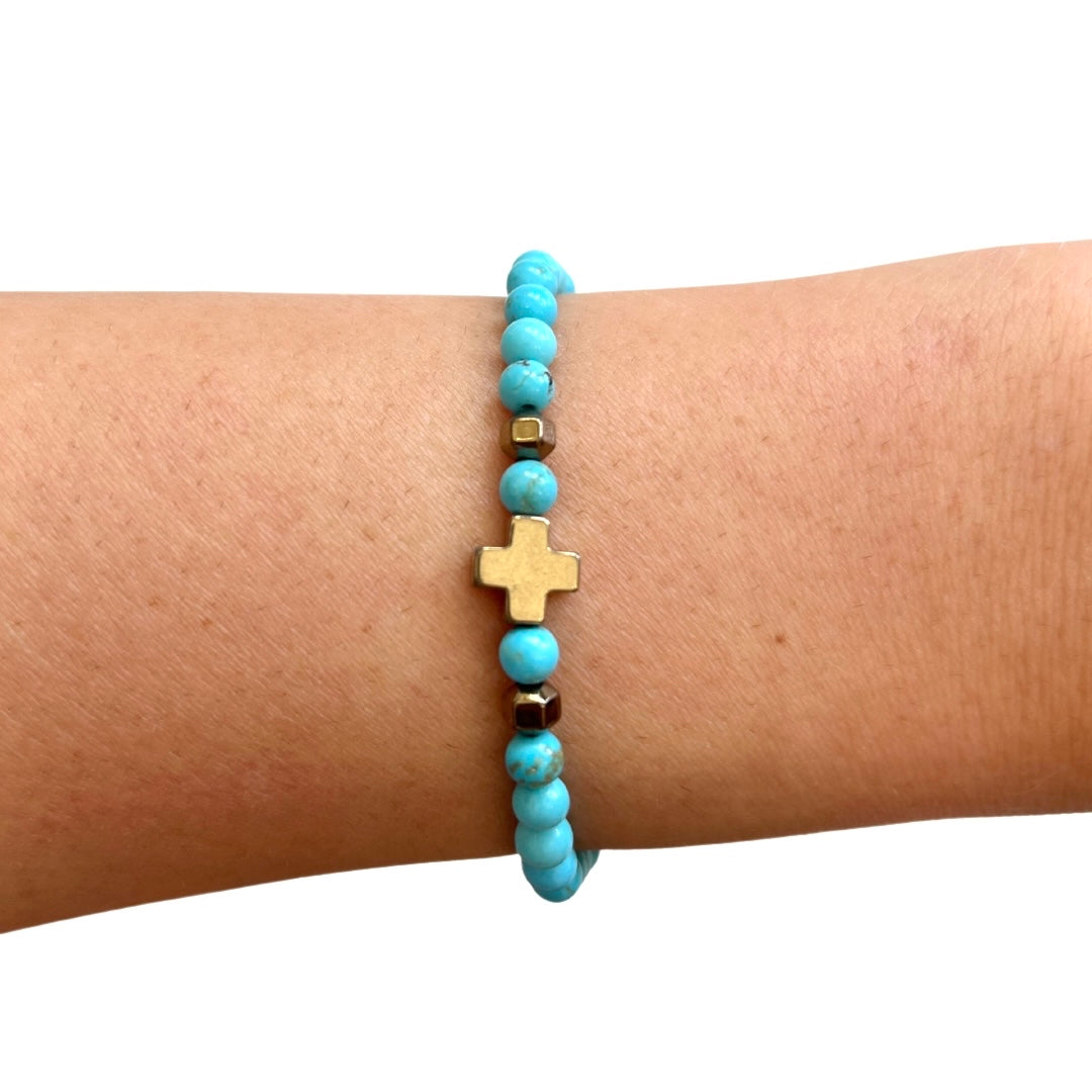 Gold Cross And Turquoise Beaded Bracelet