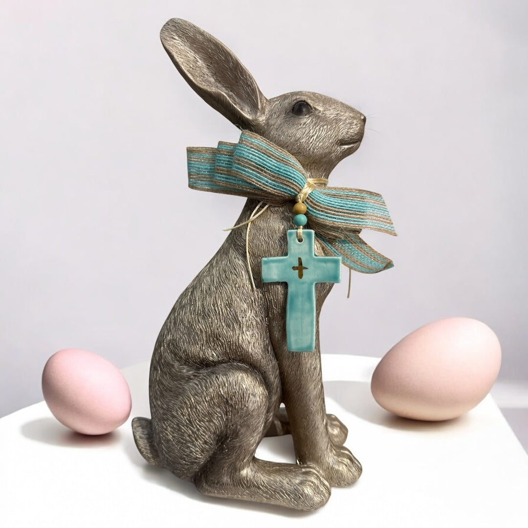 Medium Grey Easter Rabbit With Blue Cross