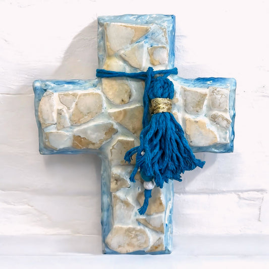 European Marble Chip Cross ~ Blue Tassel