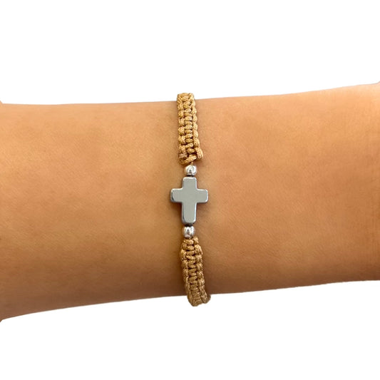 Beige Cord Bracelet And Cross