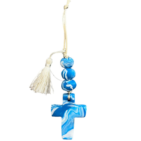 Marbled Blue Clay Cross Ornament