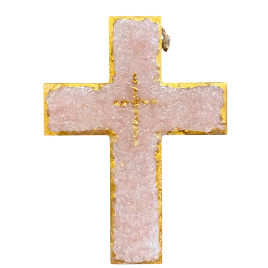 Pink Gemstone Chip Wooden Cross