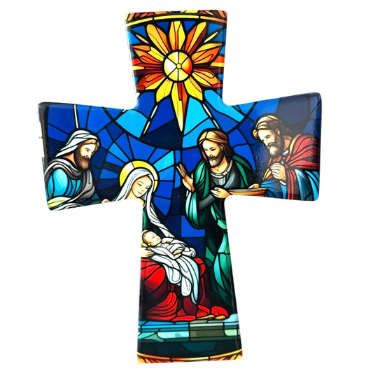 Religious Blue Stained Glass Ceramic Christmas Cross