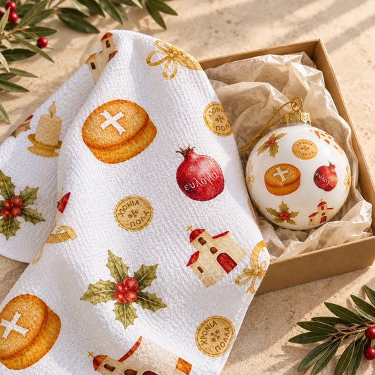 Hronia Polla Christmas Tea Towel & Bauble Set
