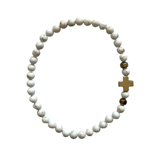 Gold Cross And White Beaded Bracelet