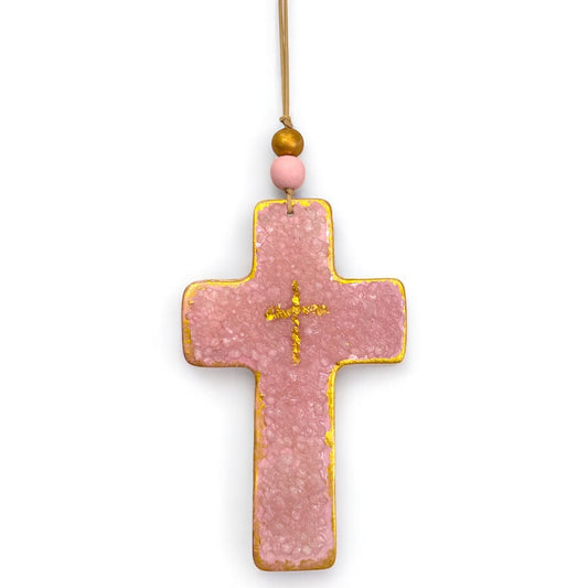 Handmade Pink Gemstone Chip Ceramic Cross