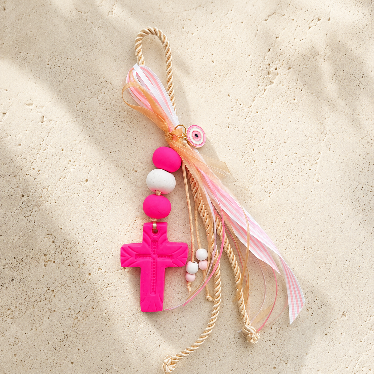 Vibrant Pink Cross Ornament & Evil Eye