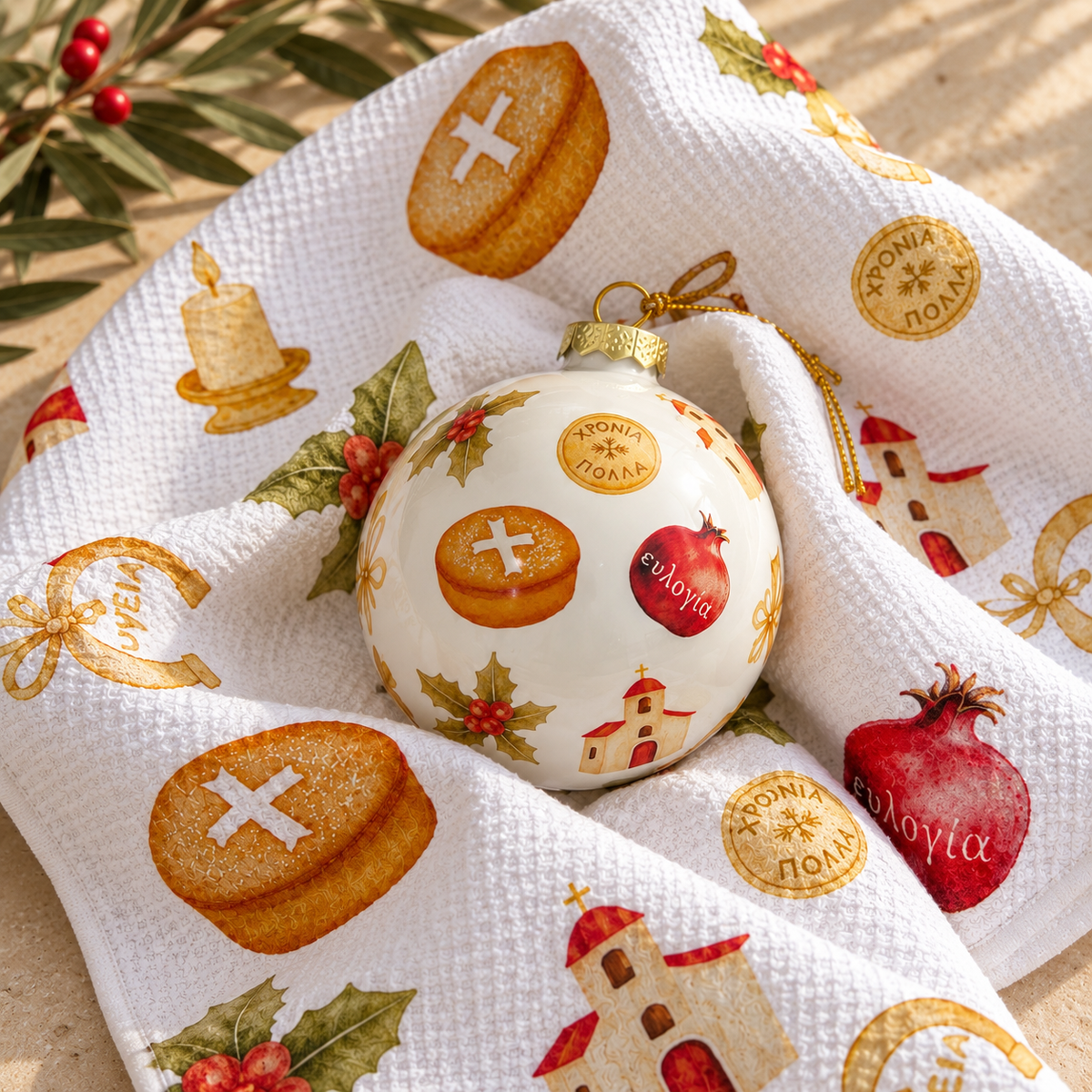 Hronia Polla Christmas Tea Towel & Bauble Set