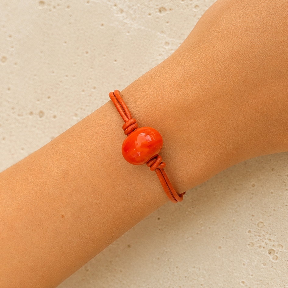 Vibrant Orange Glass Bead Leather Bracelet