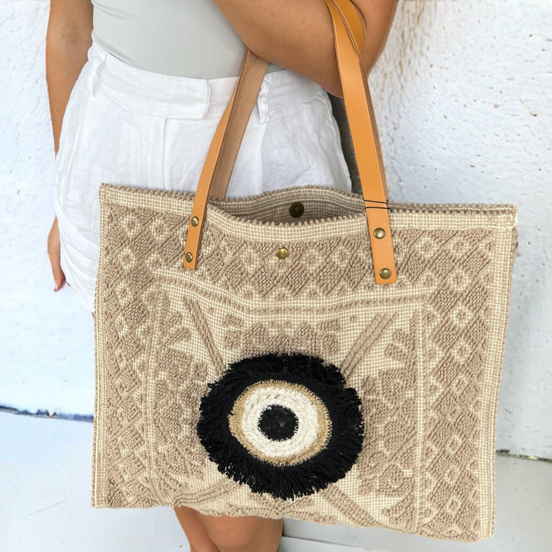 Handmade Greek Designer Tote - Beige And Eye