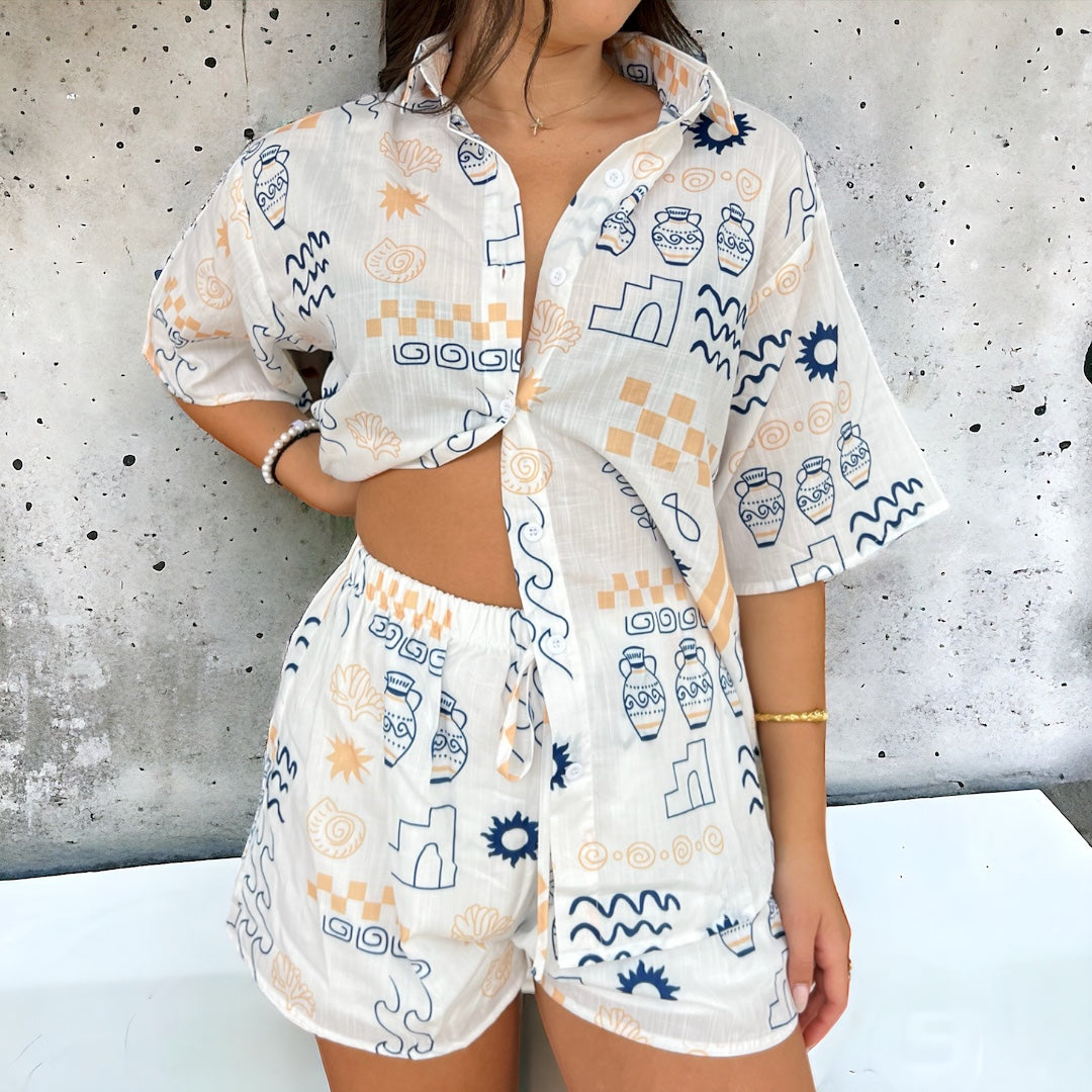 White Vase Shorts And Shirt Set