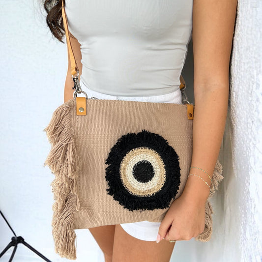 Handmade Boho Eye Cross Body Bag - Beige