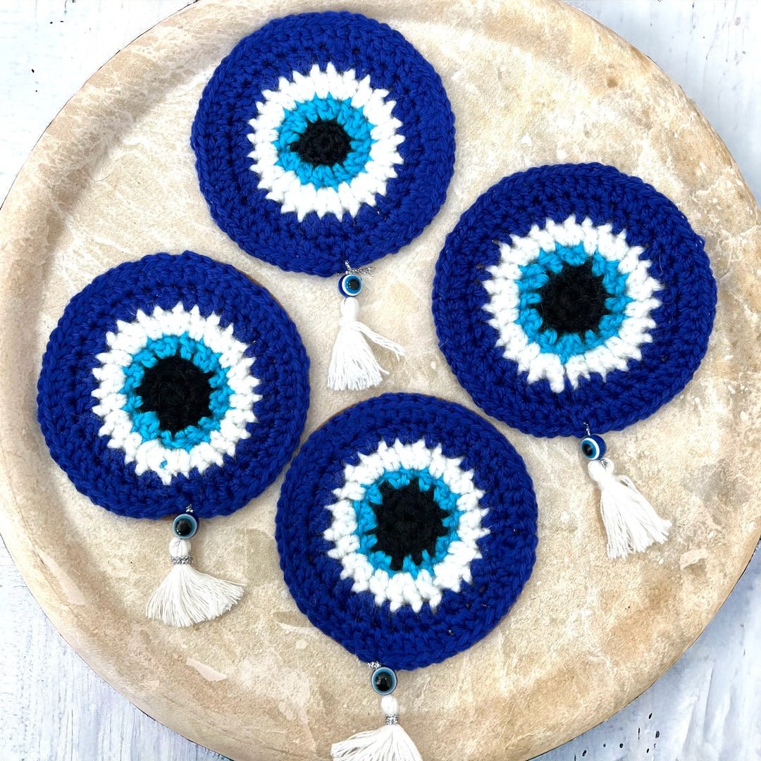 Crocheted Evil Eye Set Of Coasters With Cork Back