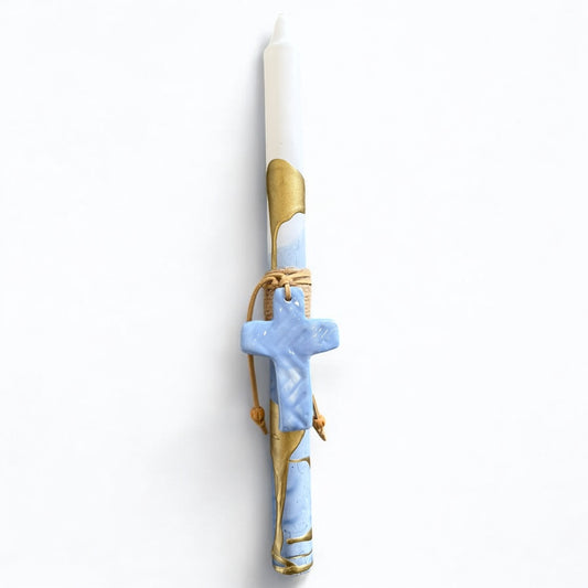 Gold Drip Easter Candle With Blue Cross ~ Medium