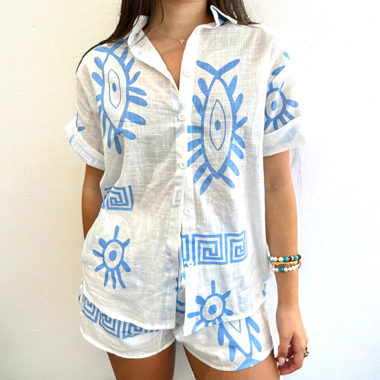 Blue Aztec Shorts And Shirt Set