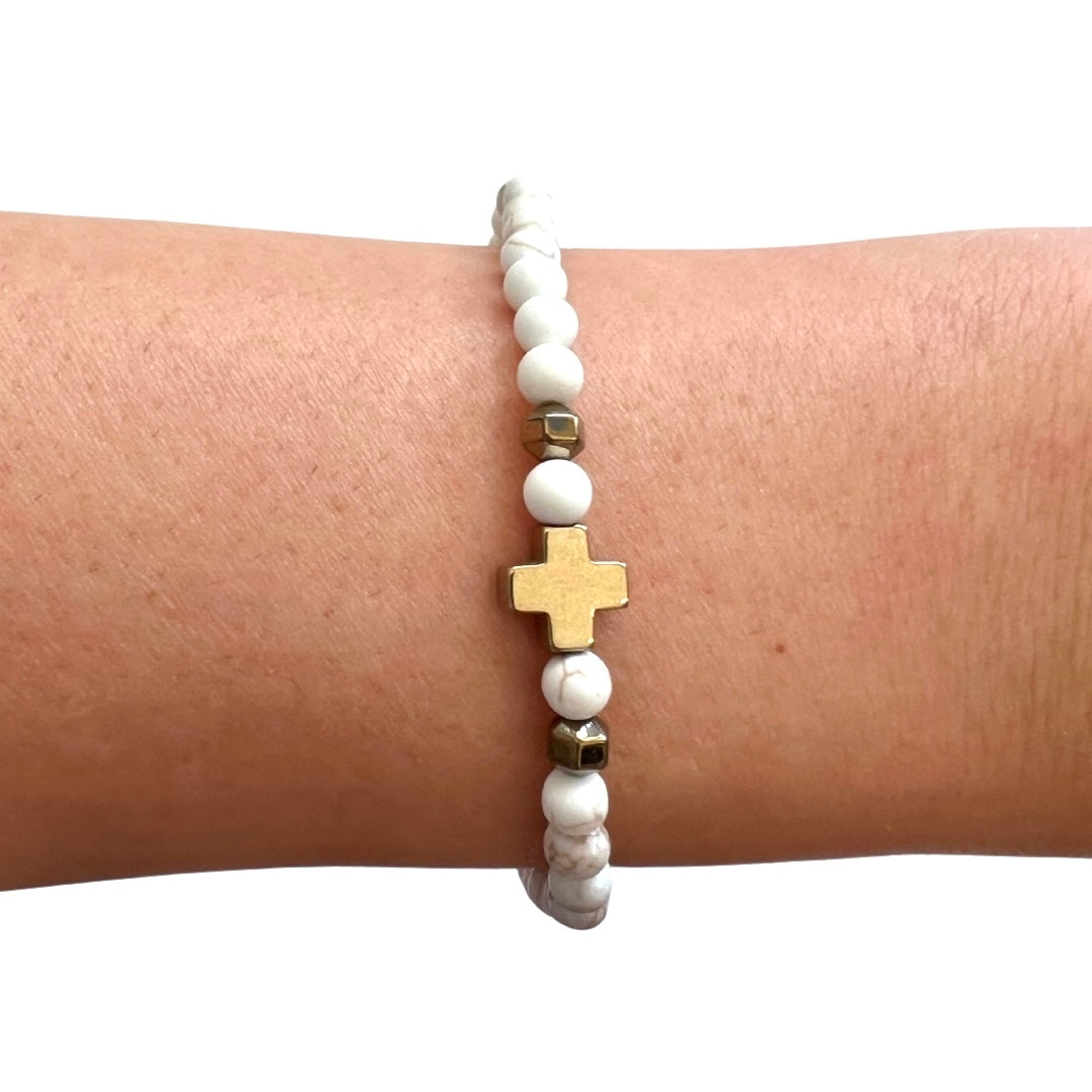 Gold Cross And White Beaded Bracelet