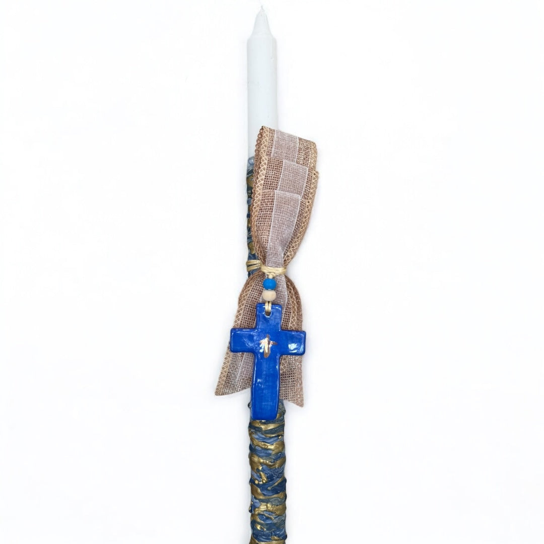 Blue And Gold Cross Easter Candle