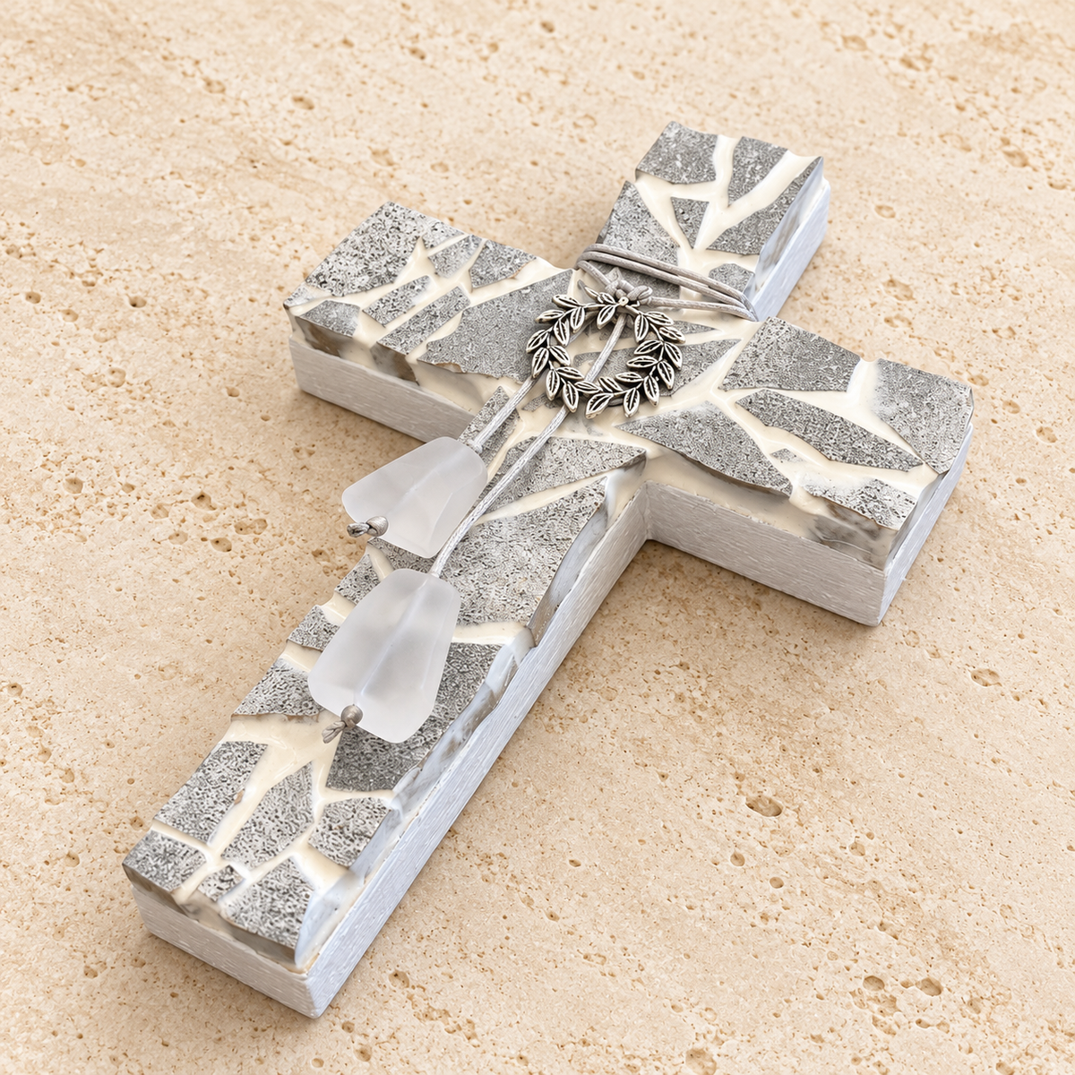 Mosaic Silver Wreath Wooden Cross
