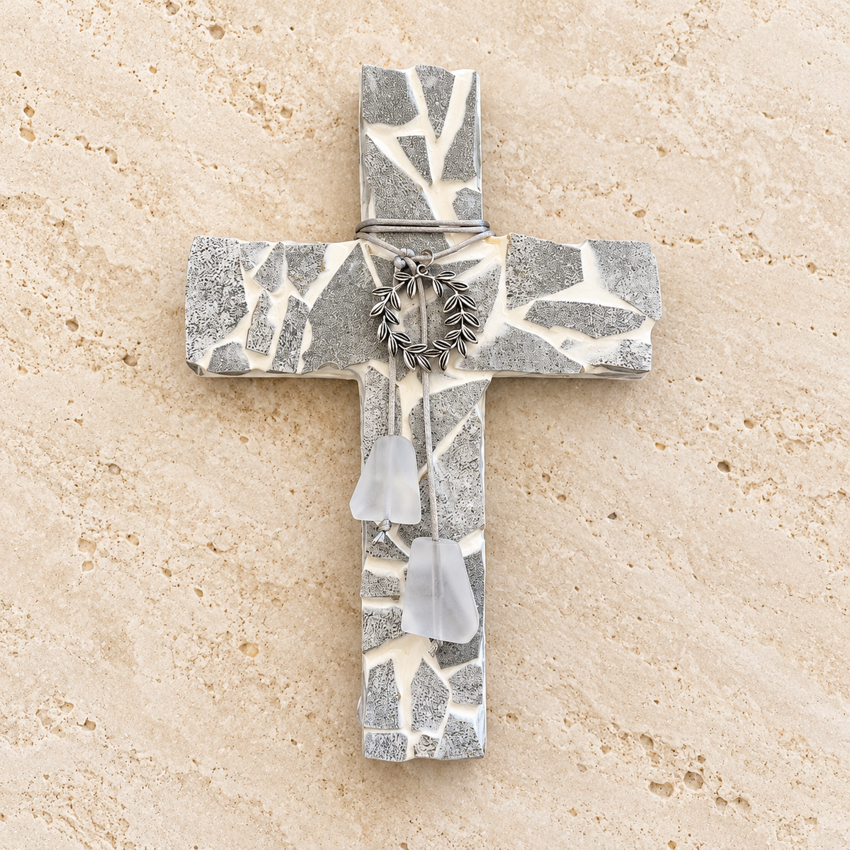 Mosaic Silver Wreath Wooden Cross