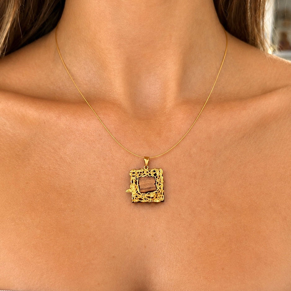Olive Wood Square Frame Necklace