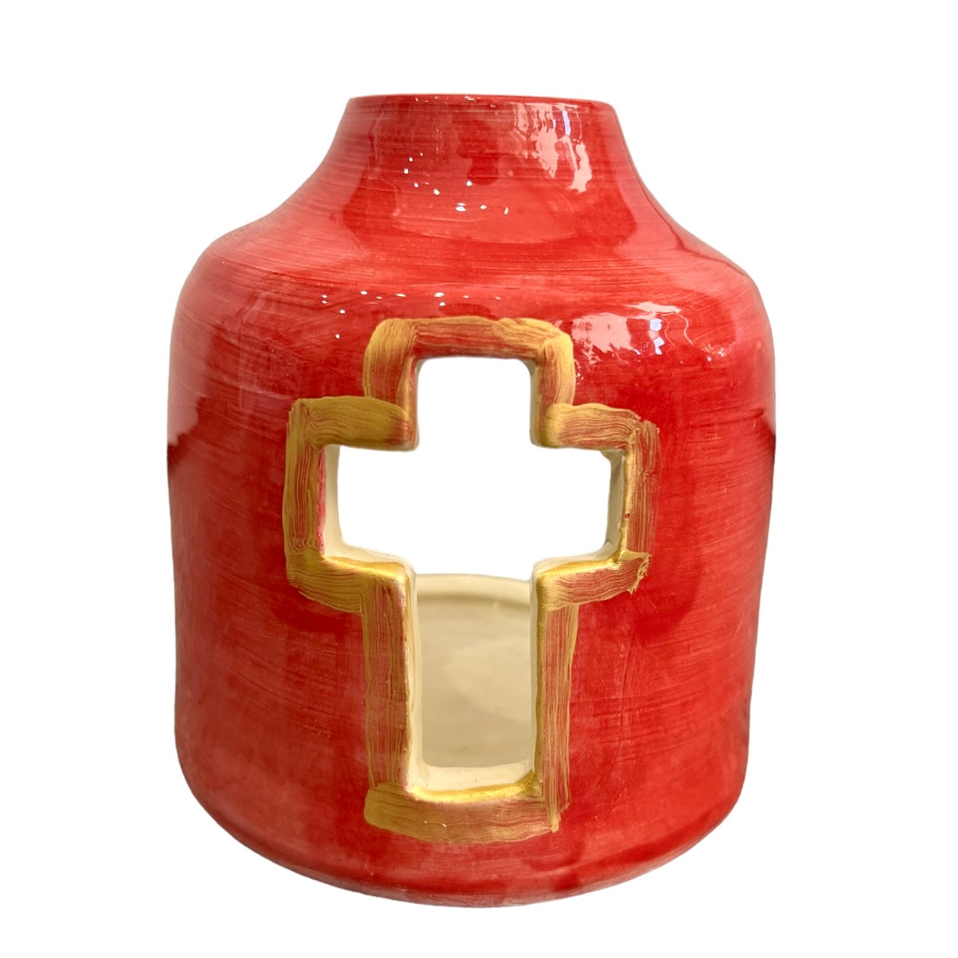 Large Handmade Ceramic Cross Tea Light Red