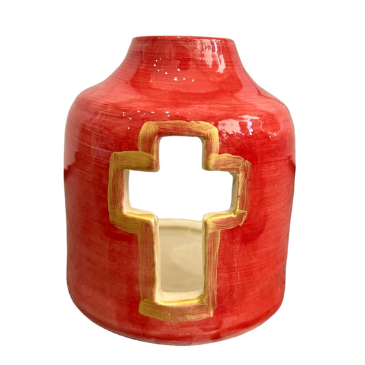 Large Handmade Ceramic Cross Tea Light Red