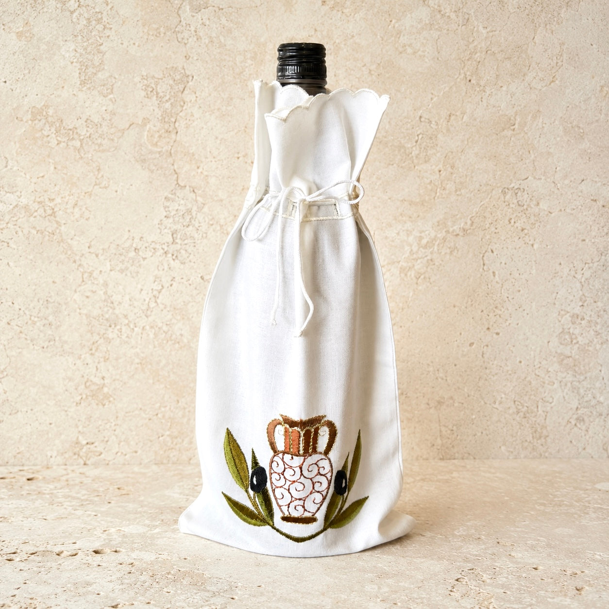 Embroidered Olive Amphora Wine Bottle Bag