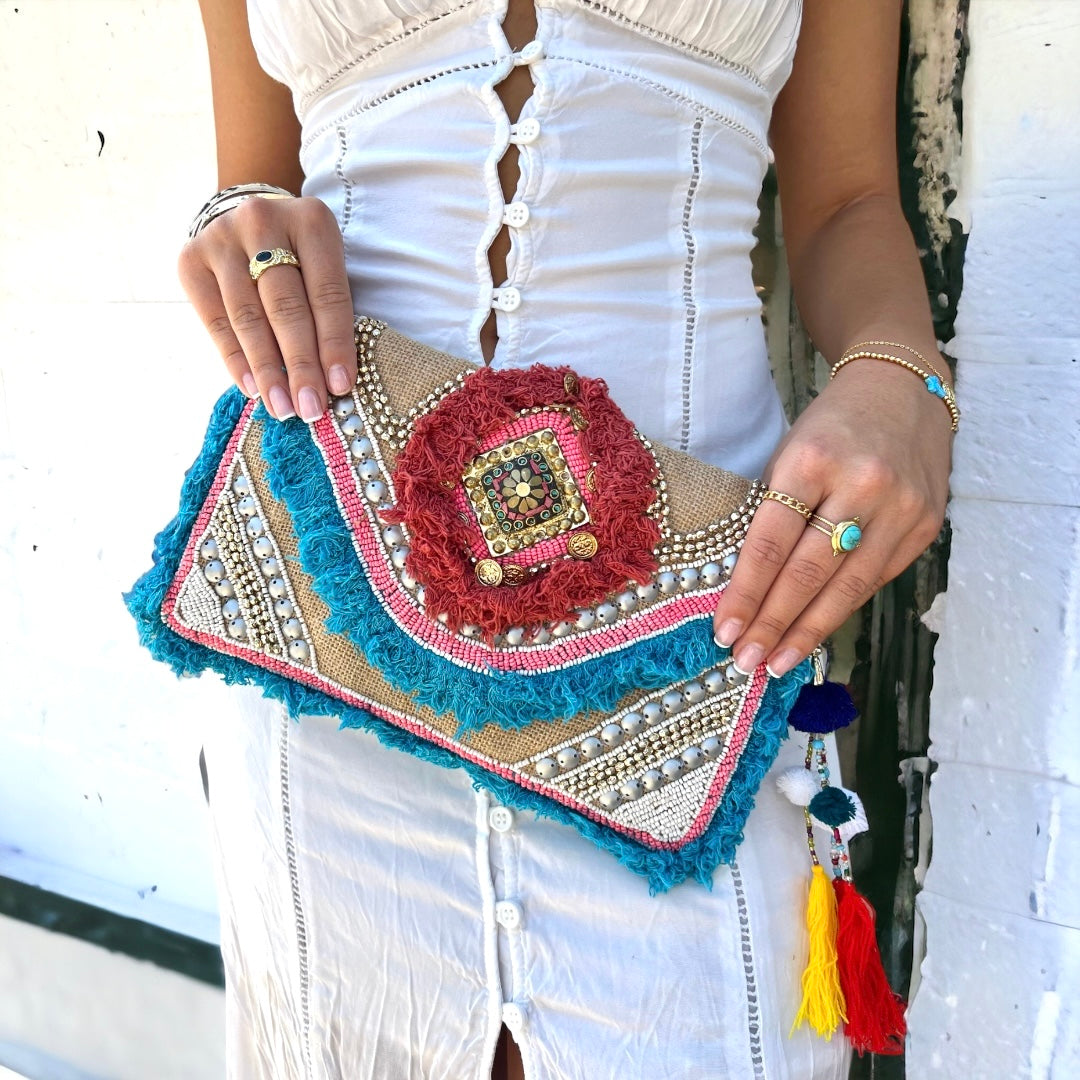 Handmade Zia Magnetic Flap Clutch And Tassels