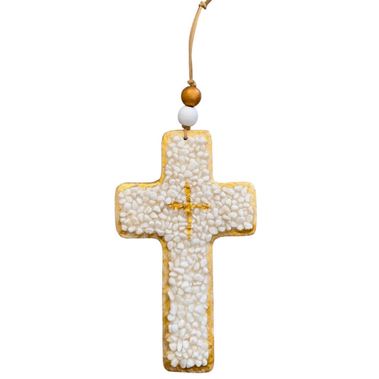 Handmade White Gemstone Chip Ceramic Cross