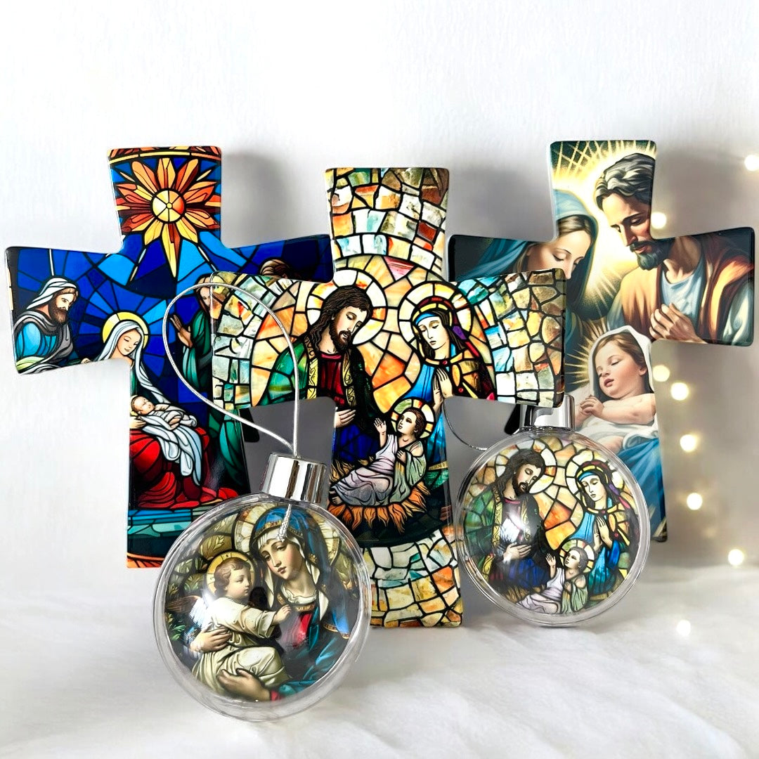 Religious Blue Stained Glass Ceramic Christmas Cross