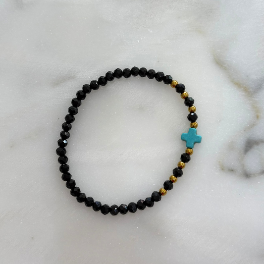 Turquoise Cross Black Beaded Bracelet