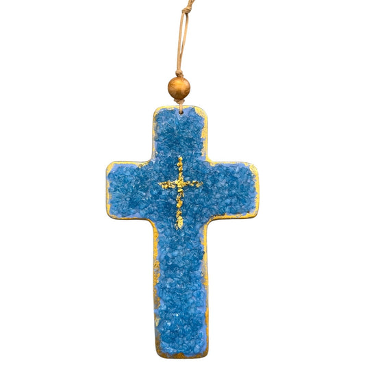 Handmade Blue Gemstone Chip Ceramic Cross