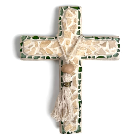 Marbel Chip & Green Mosaic Wooden Cross