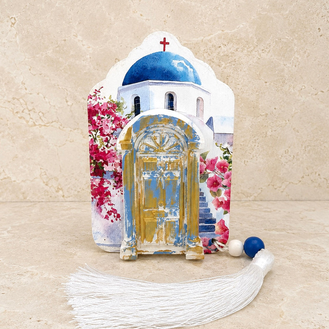 Wooden Santorini Church Ornament & Tassel