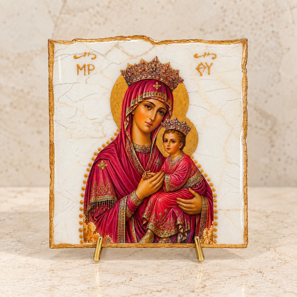 Mary & Jesus Travertine Stone Icon