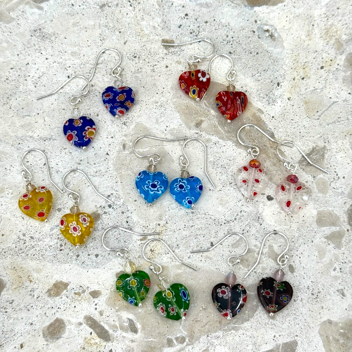 Millefiori Heart Sterling Silver Earrings