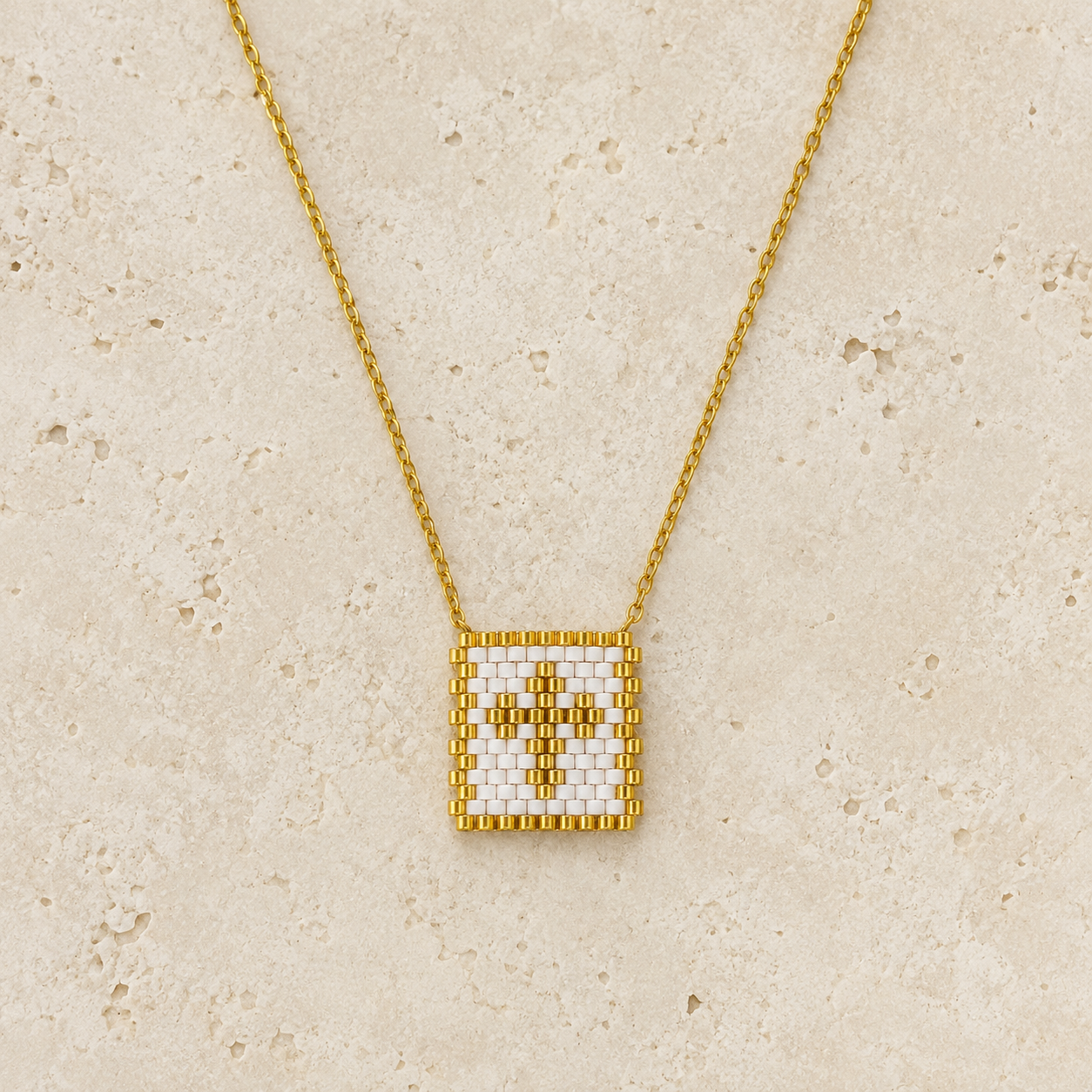 White & Gold Handwoven Cross Necklace
