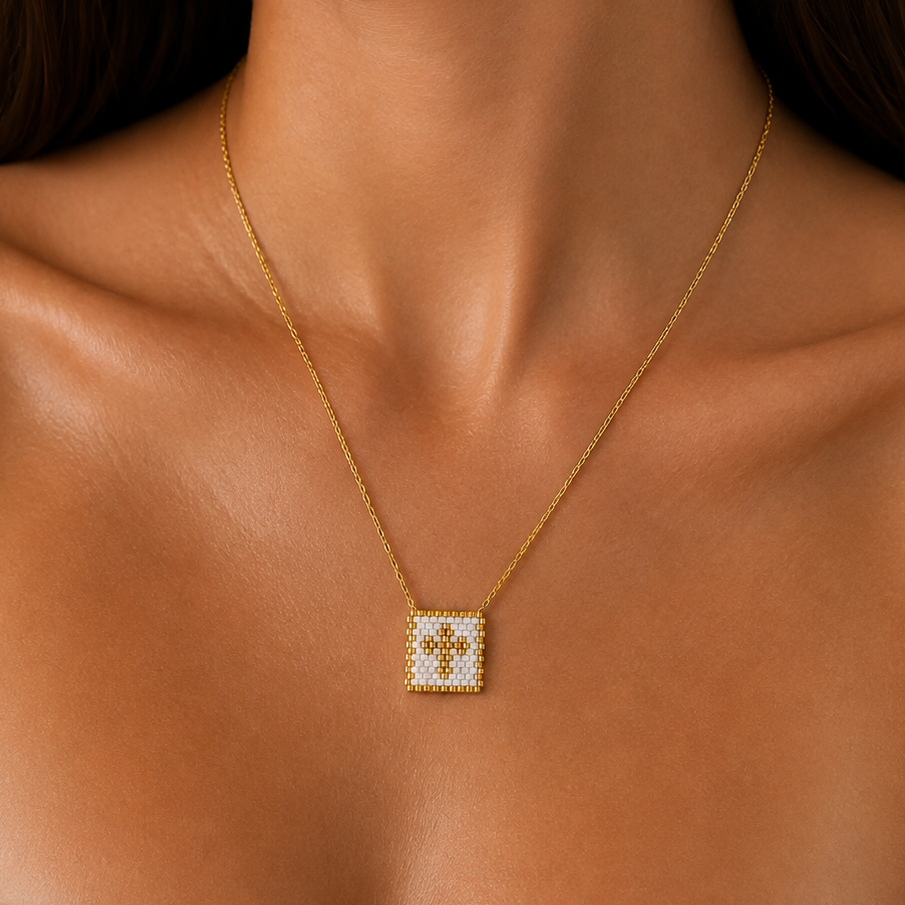White & Gold Handwoven Cross Necklace