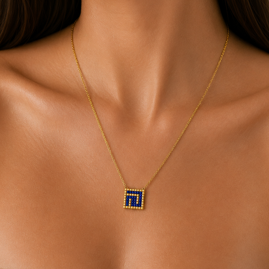 Greek Key Handwoven Blue Necklace