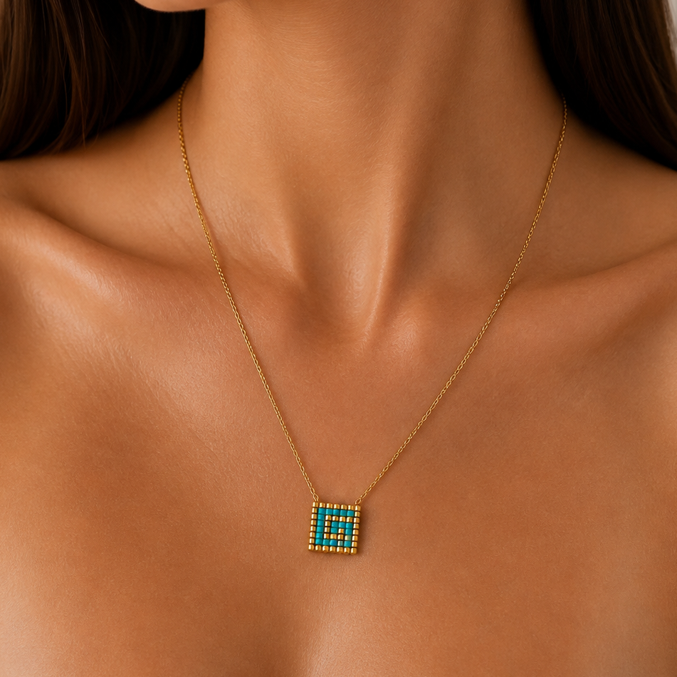 Greek Key Handwoven Turquoise Necklace