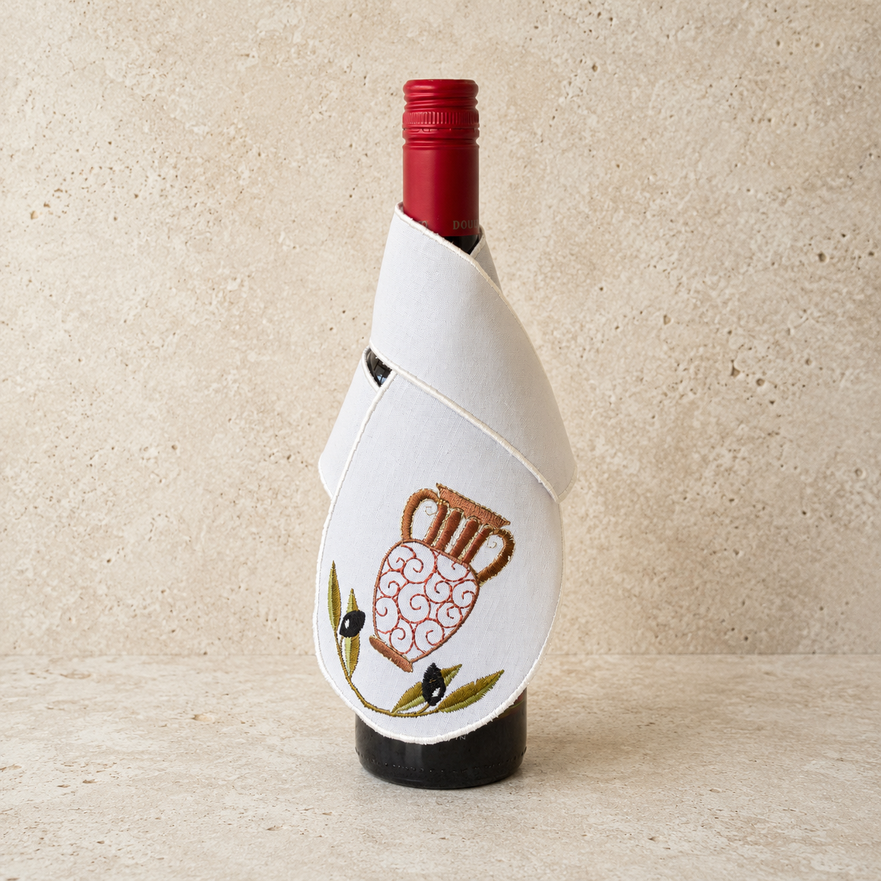 Embroidered Olive Amphora Wine Bottle Cover