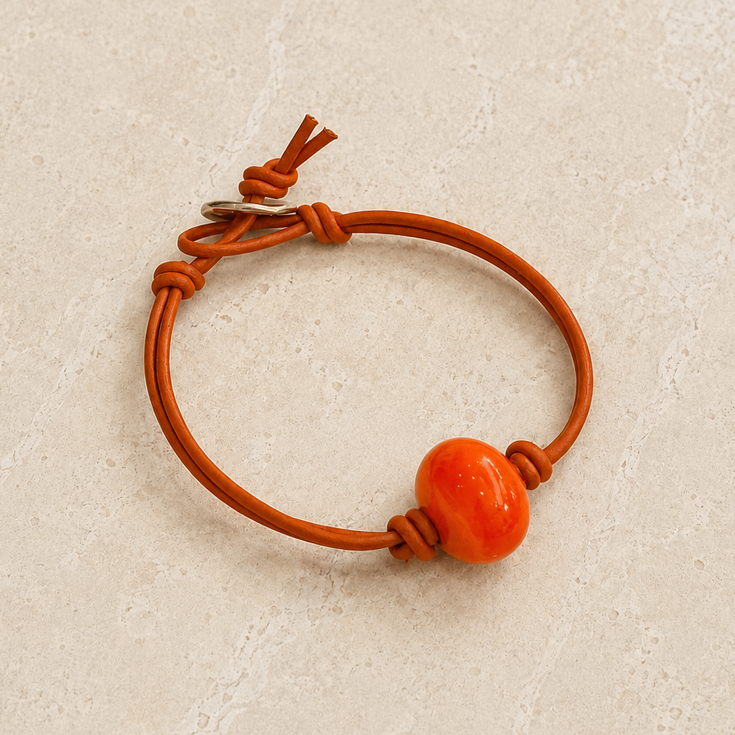 Vibrant Orange Glass Bead Leather Bracelet