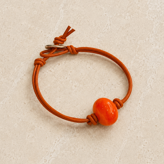 Vibrant Orange Glass Bead Leather Bracelet