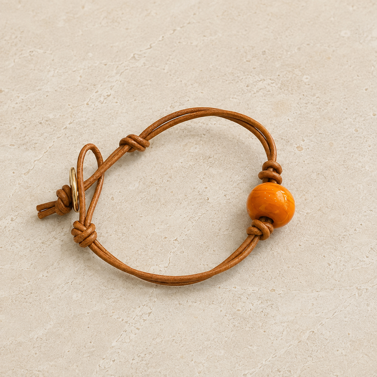 Amber Orange Glass Bead Leather Bracelet